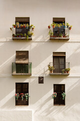 The facade of a building with typical Andalusian balconies decorated with plants and flowers
