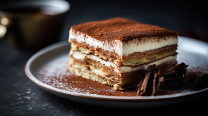 A closeup magazine quality shot of a beautifully layered tiramisu with creamy mascarpone and dusted cocoa  AI Generated
