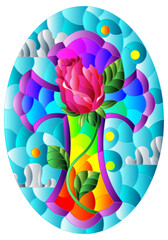 An illustration in the style of a stained glass window with a Christian cross with a rose  flower on a background of blue sky and clouds, oval image