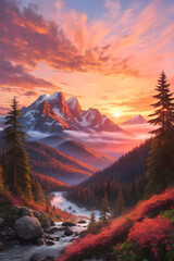 Vibrant color sunrise cascading over a majestic mountain forest