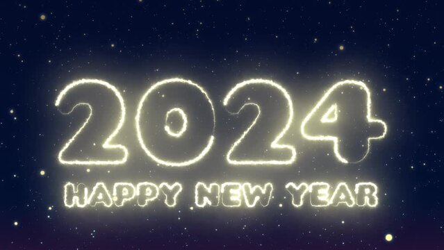 On a dark blue background, the luminous yellow number 2023 appears and changes to 2024 with a happy new year, on a dark blue background with flying yellow particles. Animation of congratulations on