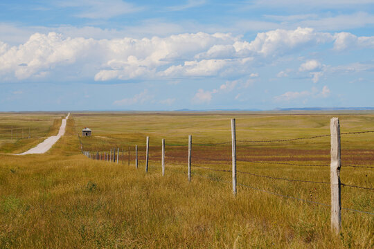 A dirt road and a fence line stretch to the horizon near the black hills