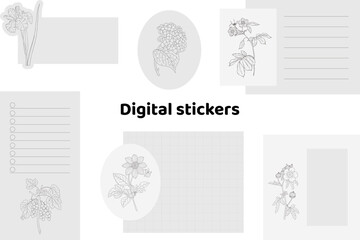Blank floral digital stickers. Digital note papers and stickers for bullet journaling or planning. Digital planner stickers. Vector art.