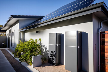 photovoltaic panel and battery instalation leaning on the beige white wall with no people renewable energy