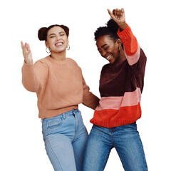 Girl friends, dancing and fun isolated on transparent png background, winter fashion and happy...