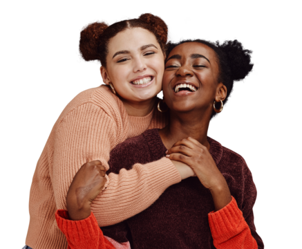 Fashion, friends and portrait of women hug on isolated, png and transparent background. Diversity, style and people embrace, smile and laugh in trendy clothes, stylish outfit and happy for bonding - Powered by Adobe