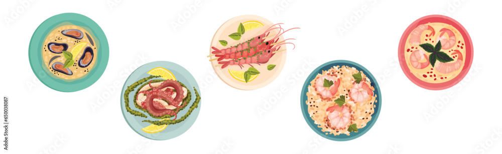 Canvas Prints seafood dish served on plate above view vector set