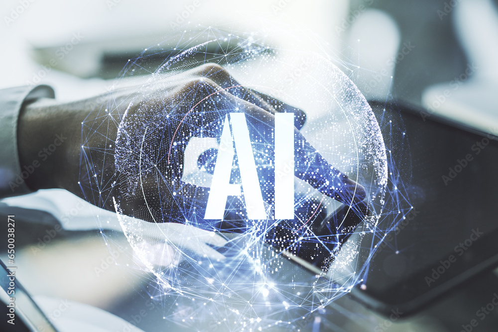 Aufkleber creative artificial intelligence symbol concept with finger presses on a digital tablet on backgroun