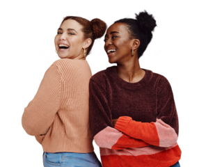 Happy, friends and portrait of women with fashion on isolated, png and transparent background. Happiness, style and people with smile in trendy clothes, stylish outfit and laugh together for bonding