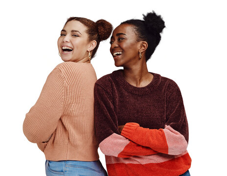 Happy, friends and portrait of women with fashion on isolated, png and transparent background. Happiness, style and people with smile in trendy clothes, stylish outfit and laugh together for bonding
