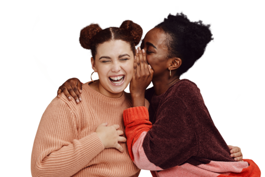 Friends, gossip and women laughing together at secret joke on png transparent background with smile on face. Comic, rumor and whisper in ear, black person with happiness talking to girl with humor