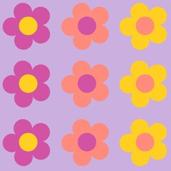 Seamless pattern with cute kawaii bib flowers in purple background