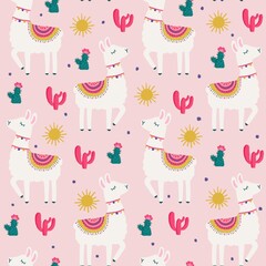 Seamless pattern with cute kawaii handdrawn llama alpaca in pink background © owliedesign