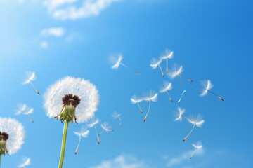 Dandelion seeds floating against clear blue sky. Generative AI