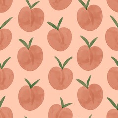 Seamless pattern with cute kawaii watercolor peach in pink background