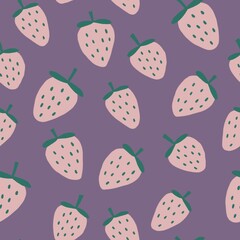 Seamless pattern with cute kawaii handdrawn pale strawberry in purple background