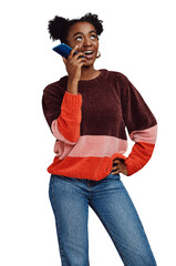 Black woman, phone and talking on speaker for communication isolated on a transparent PNG...