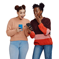 Young women, smartphone and surprise, social media or meme with communication isolated on png...