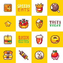 Seamless Pattern Background with Cute Street Fast Food. Pixel art Waffle, Potato, french fries, Ice cream, Cream Pancake, Sushi. 8bit Design for Decorative Designs.