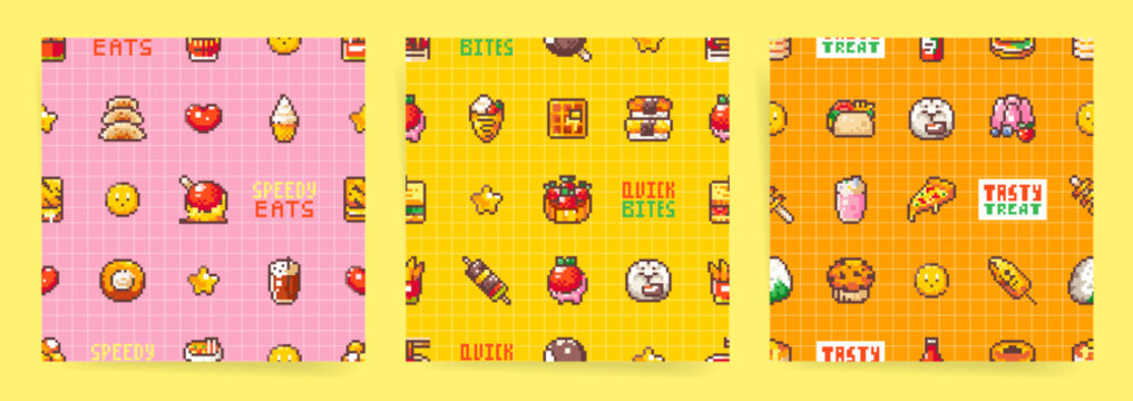 Retro Pixel Seamless Food Pattern Set Inspired by 80s-90s Arcade Game. Tasty Pixel Art Sushi, Cakes, Ice Cream, Fries, Tart, Waffle. Background for Snacks, Cafes and Street Food Wrapping Paper.