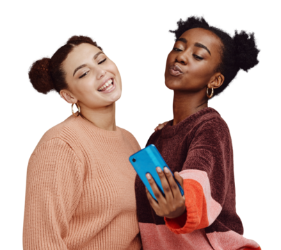 Young women, friends and selfie for social media post, communication and app isolated on png transparent background. Friendship date, memory and happy in picture with influencer and content creation