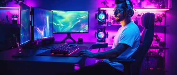 a handsome gamer guy gaming on his pc computer console with keyboard mouse and headphones in front of multiple monitor. sitting on a chair in his gaming room with rgb led lights. Generative AI