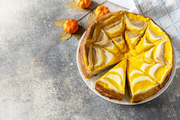Healthy autumn dessert for breakfast. Pumpkin cottage cheese casserole pie 