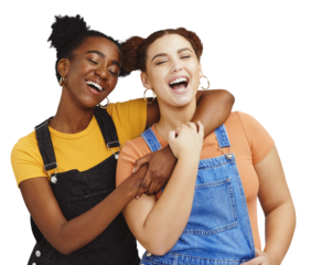 Happy women, young couple and lesbian love with hug for lgbtq pride and support isolated on transparent png background. Gay community youth portrait and interracial people laughing, funny and freedom