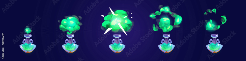 Poster laboratory potion bottle animation cartoon game icon. chemical witch flask explosion isolated ui set