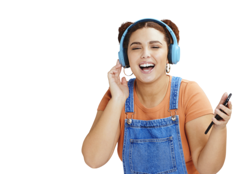 Happy woman, phone and headphones listening to music isolated on a transparent PNG background. Female person, gen z or model smile with smartphone and headset in audio streaming, sound app or podcast