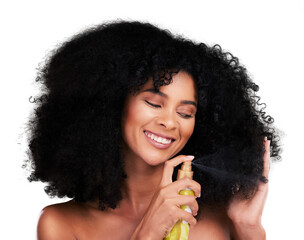 Happy, woman and curly hairspray for beauty isolated on a transparent png background. African person, smile and oil for hair care, natural cosmetics product and salon treatment for healthy growth