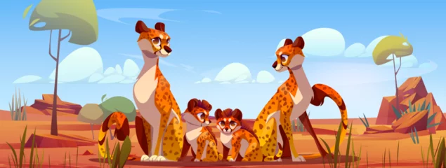 Fototapeten Cheetah family in Africa cartoon vector background. Savannah landscape with leopard animal sitting near baby cat scene. Tropical exotic zoo character panorama drawing. Gepard mother and father © klyaksun