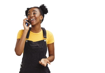 Happy black woman, phone call and laughing for funny joke or conversation isolated on a transparent PNG background. African female person or gen z smile talking on mobile smartphone in fun discussion