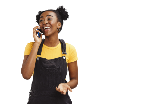 Happy black woman, phone call and laughing for funny joke or conversation isolated on a transparent PNG background. African female person or gen z smile talking on mobile smartphone in fun discussion