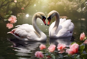 Two white swans. Romantic background. The romance of a white swan with a clear beautiful landscape.