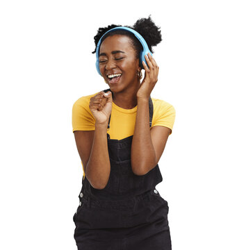 Happy black woman, headphones and karaoke music isolated on a transparent PNG background. African female person, teenager or gen z smile, dance and singing to audio streaming, sound track or podcast