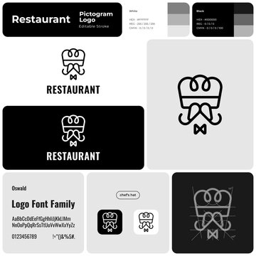 Restaurant monochrome line business logo with brand name. Chef's hat icon. Creative design element and visual identity. Template with oswald font. Suitable for food chain, bar, restaurant, eatery.