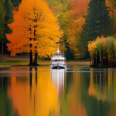 Maple leaf toy boat floats on pond in autumn.AI generated