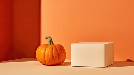 clean composition, small box sits on top of table, gradient orange colour blends, pumpkin in the style of minimalist background