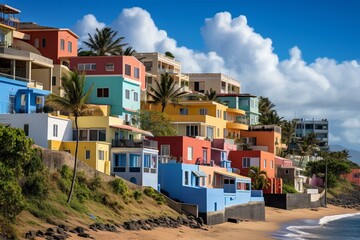 Vibrant houses dotting the hillside by the beach in San Juan, Puerto Rico. Generative AI - obrazy, fototapety, plakaty