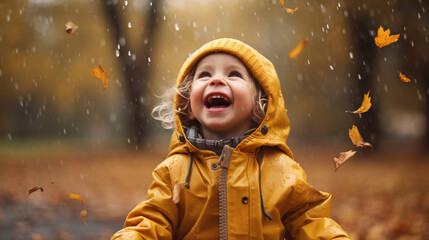 Happy kids catches raindrop.