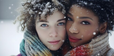 Two women hugging together in the snowy winter. Frost winter season.