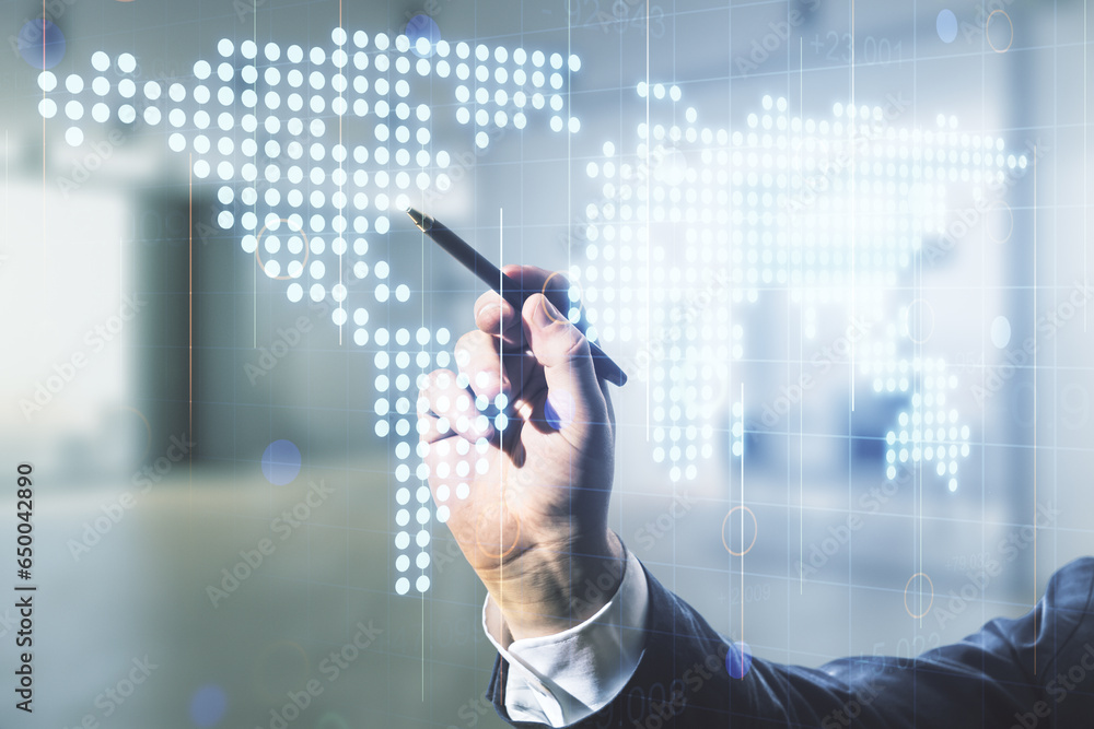 Poster Double exposure of man hand with pen working with abstract digital world map hologram on blurred office background, big data and blockchain concept