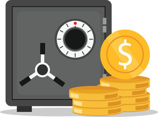 Bank safe box and coins. Closed safe isolated on white background. Concept of saving cash and protecting money. Vector flat image.