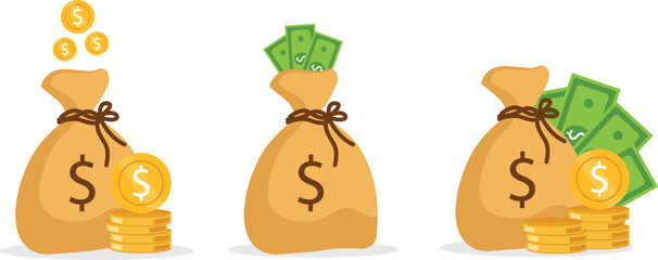 Money bag, money, coins, money bag flat vector illustration image. Vector illustration