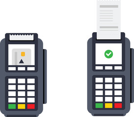 Payment by credit card using a POS terminal, confirmed payment. Flat image.