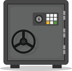 Bank safe box. Closed safe box isolated on white background. Concept of saving cash and protecting money. Vector flat image.