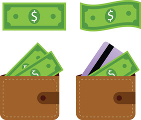 Green bills and a brown wallet. Money dollar bills wallet flat design isolated icon vector money sign vector. a wallet with a flat money symbol.