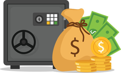 Bank safe box and coins, moneys. Closed safe isolated on white background. Concept of saving cash and protecting money. Vector flat image.
