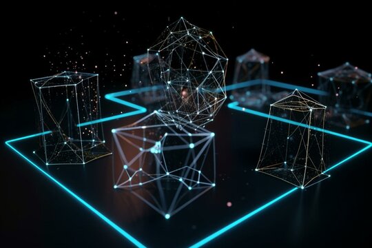 3D illustration of image-based communication, holographic network visualization, computer science network image, scientific system connection. Generative AI